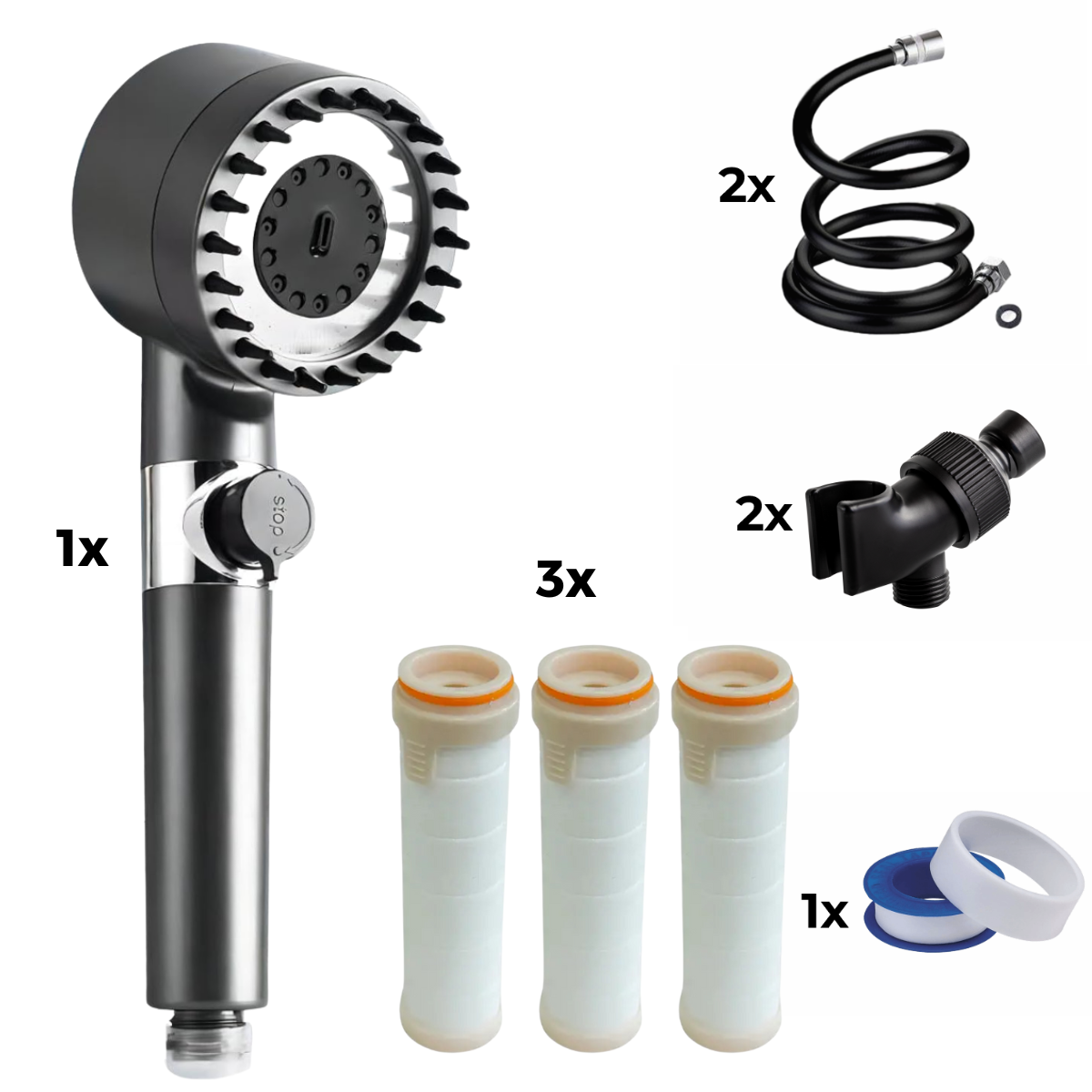 Dušo galvutė + 2x žarna + 2x adapteris + 3x filtras + teflono juosta