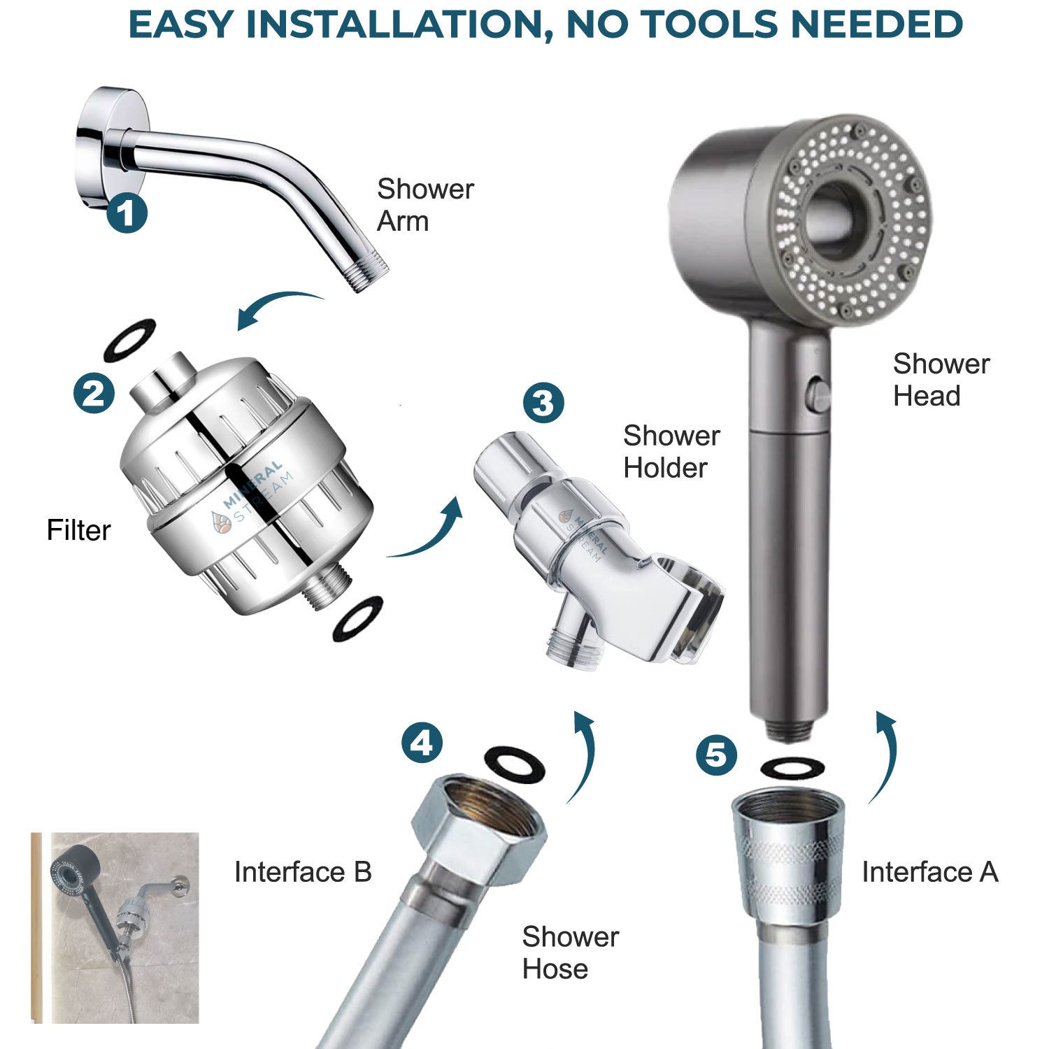 Hey Pure Filtered Complete Shower Kit in grey with hose, holder and shower arm