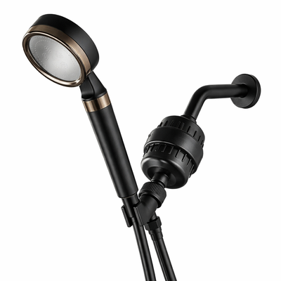 MineralStream BLACK Vitamin C Complete Shower Kit - showerhead, hose, holder, shower arm and 15-stage inline filter